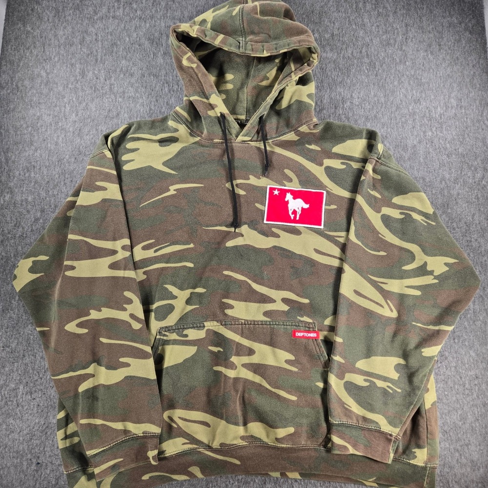 Deftones Hoodie Mens 2XL Camo White Pony Flag Patch Pullover Rock Band Rare